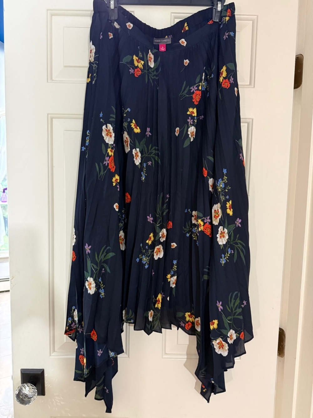 Vince Camuto Navy Floral Asymmetrical Handkerchief Hem Skirt